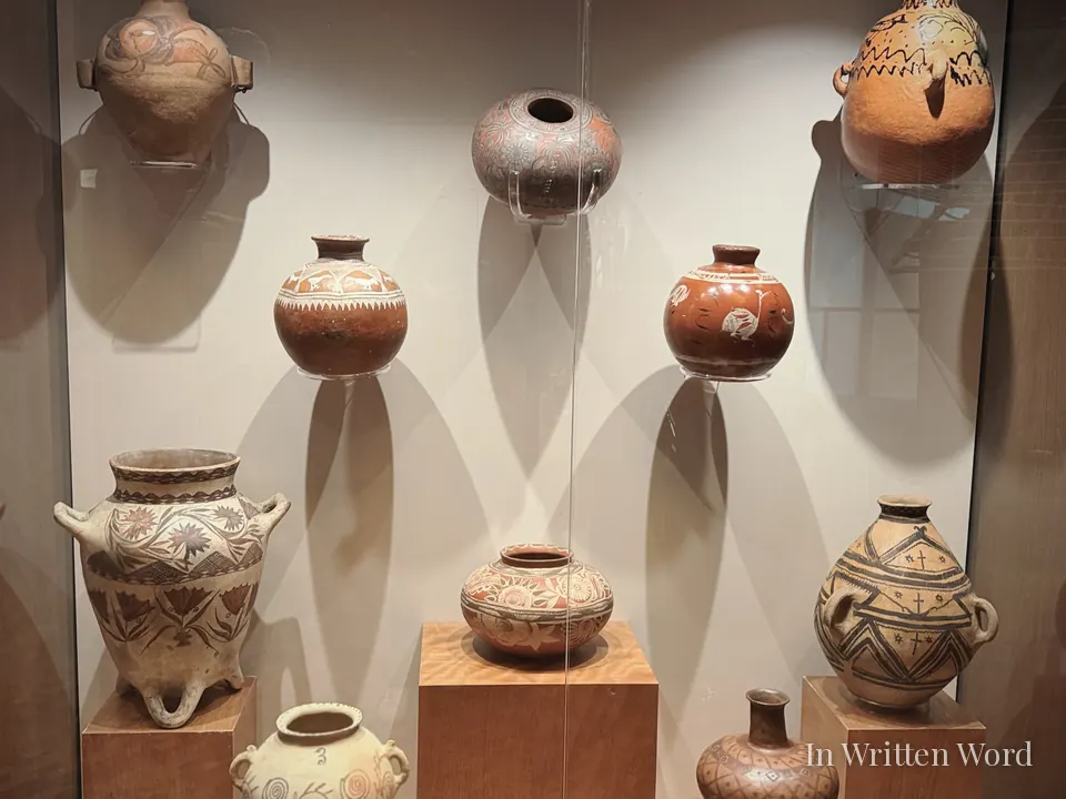 Pre-Columbian ceramic vessels displayed inside Museo Nacional de Antropología in Mexico City.
