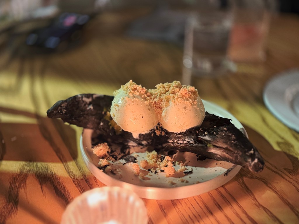 Banana flambé dessert at Campobaja restaurant in Mexico City.