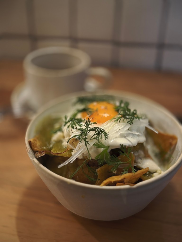 Chilaquiles verdes and café de olla at Molino El Pujol in Mexico City.