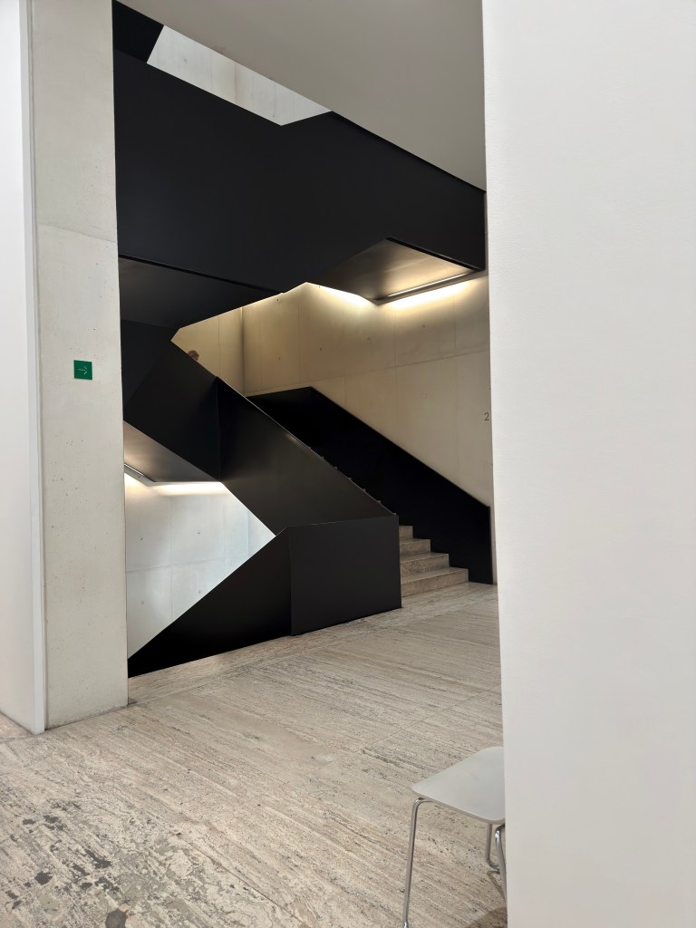 Minimalist black geometric staircase inside Museo Jumex in Polanco, Mexico City.